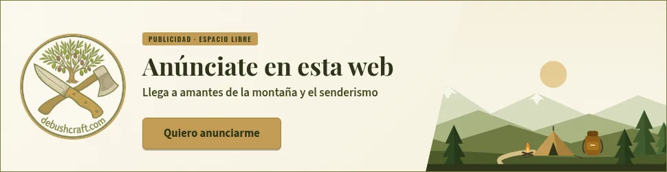 Maqueta del banner de 970×250 (cabecera grande): «Anúnciate en esta web», con la etiqueta «Publicidad · espacio libre» y el botón «Quiero anunciarme», sobre un paisaje de montaña con una tienda de campaña